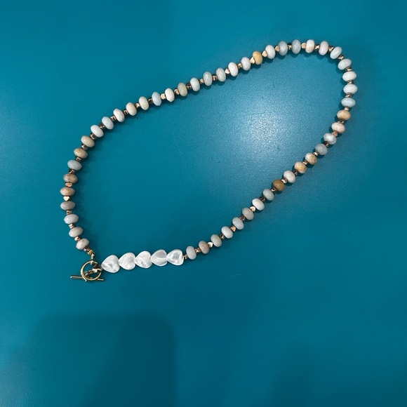 Elegant Gold Cream Glass and Semiprecious Stones Beaded Necklace Handmade - Picture 4 of 4